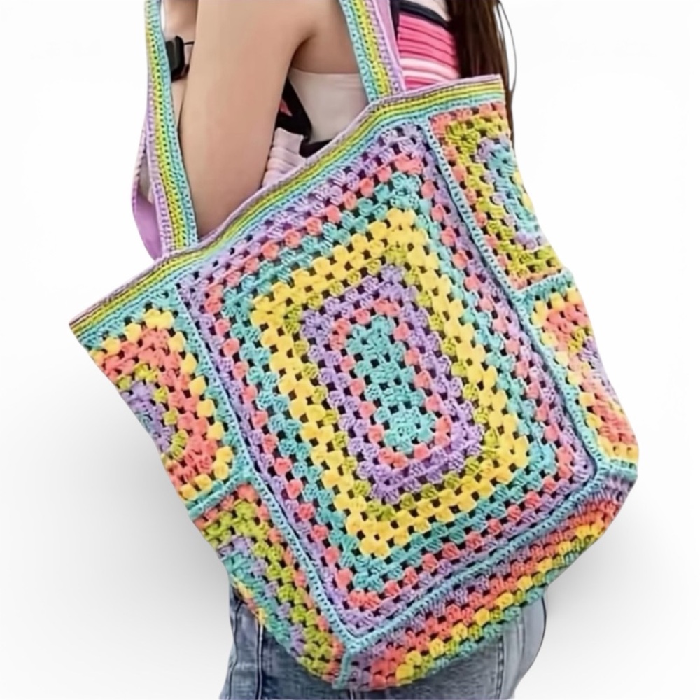 Bohemian Colorful Crochet Lined Tote Bag New